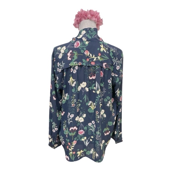 LOFT S Top Navy Blue Floral Print Bow Tied V Neckline Long Sleeve Blouse Sz M - Picture 6 of 16